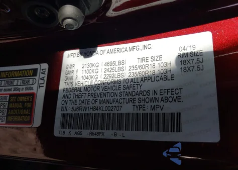 2019 Honda Cr-V Ex-L z USA, uszkodzony, nr VIN 5J6RW1H84KL002707